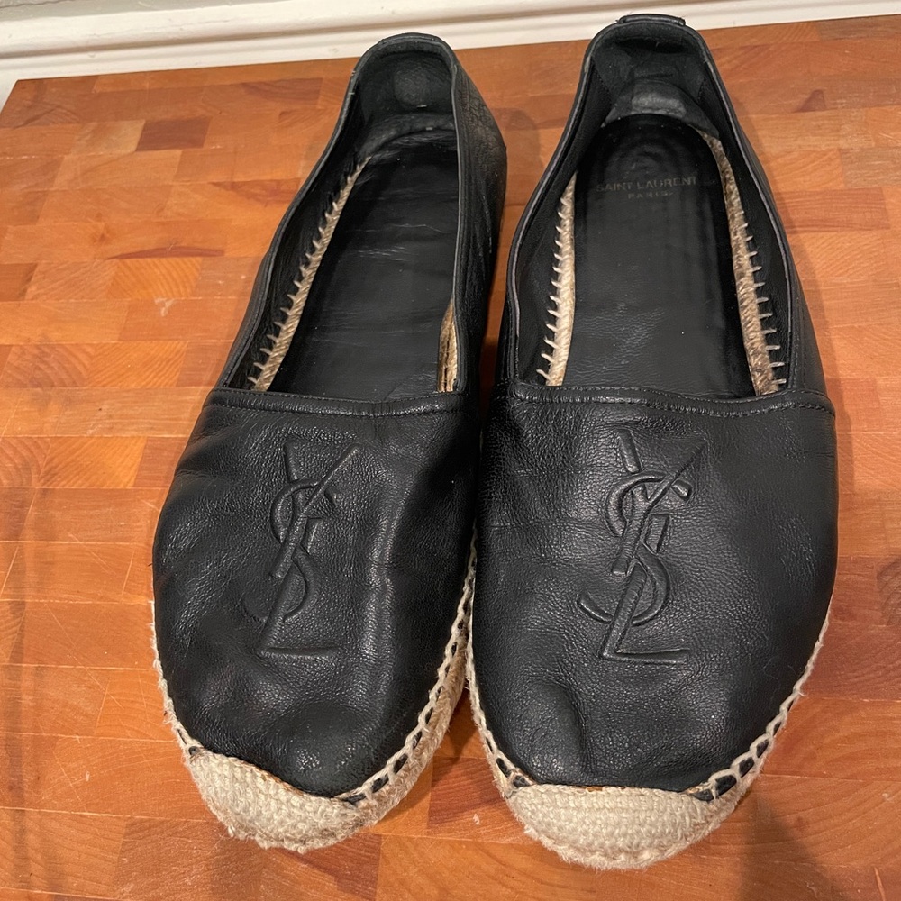 YSL Logo Embossed Espadrille Yves Saint Laurent Leather Black Jute Flats Shoe